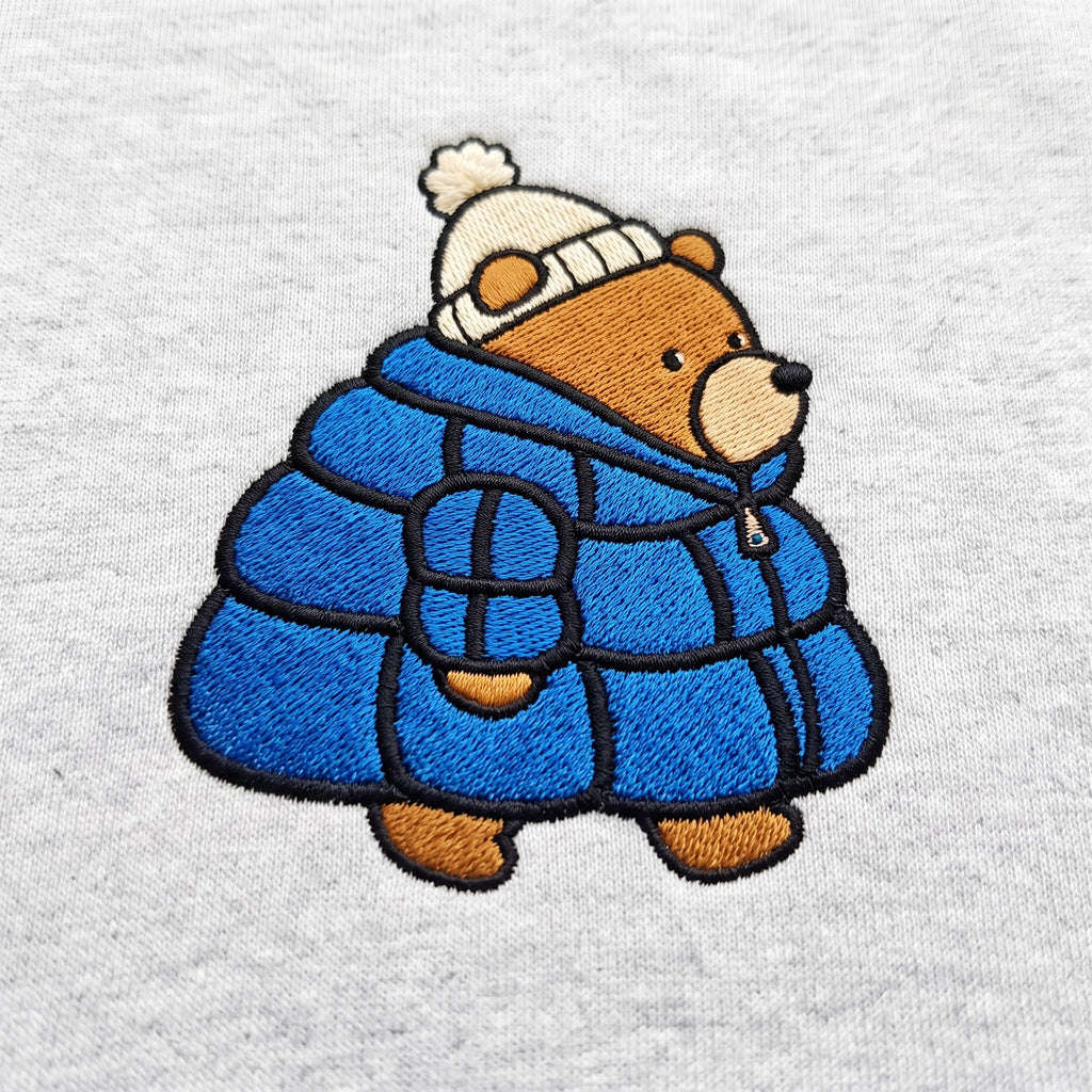 Personalized Cozy Bear Puffer Jacket Winter Beanie embroidered sweatshirt — front view