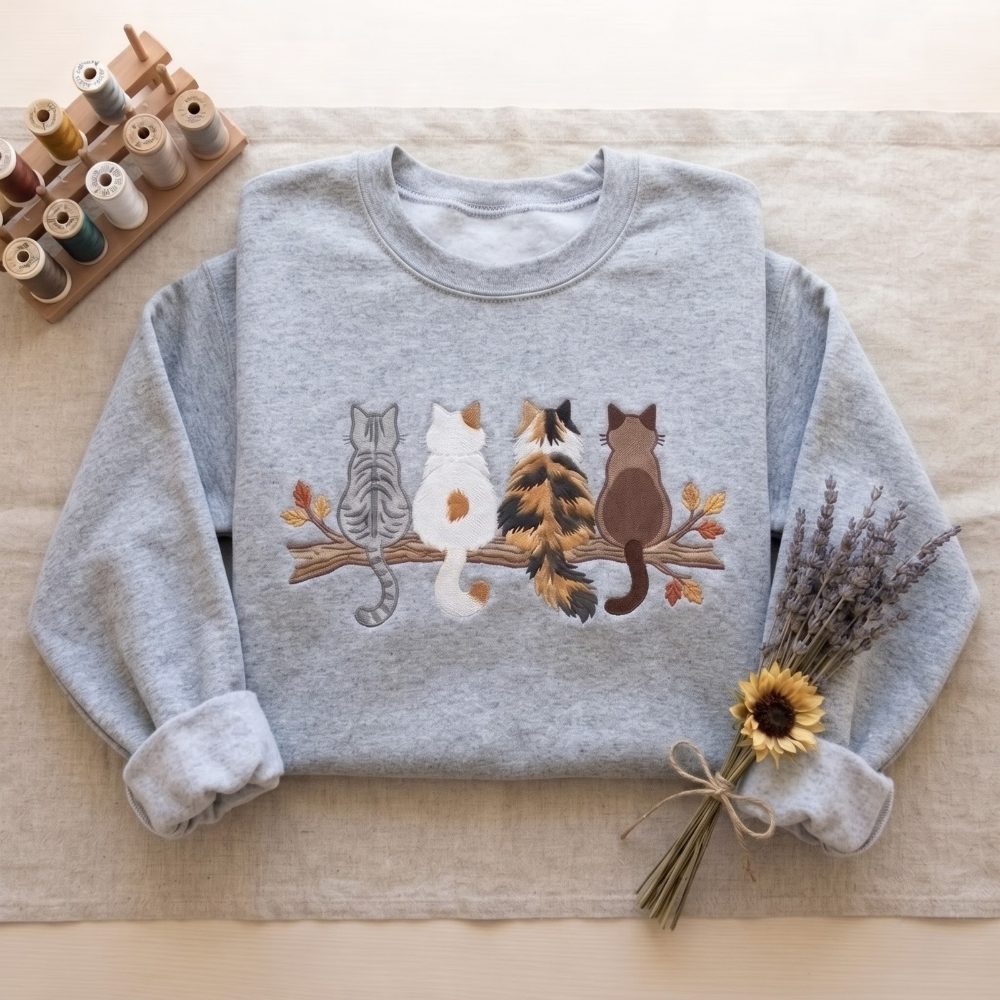 Four Cats Sitting On Branch Back View Tabby Calico Siamese Autumn Leaves embroidered sweatshirt — front view - image 9