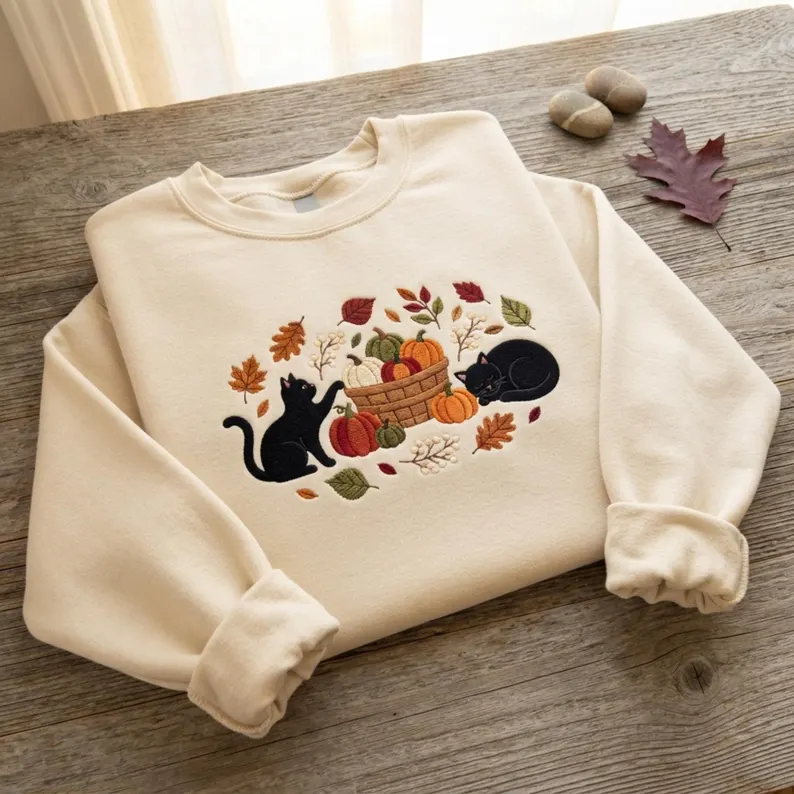 Black Cats Pumpkin Harvest Basket embroidered sweatshirt — front view - image 5