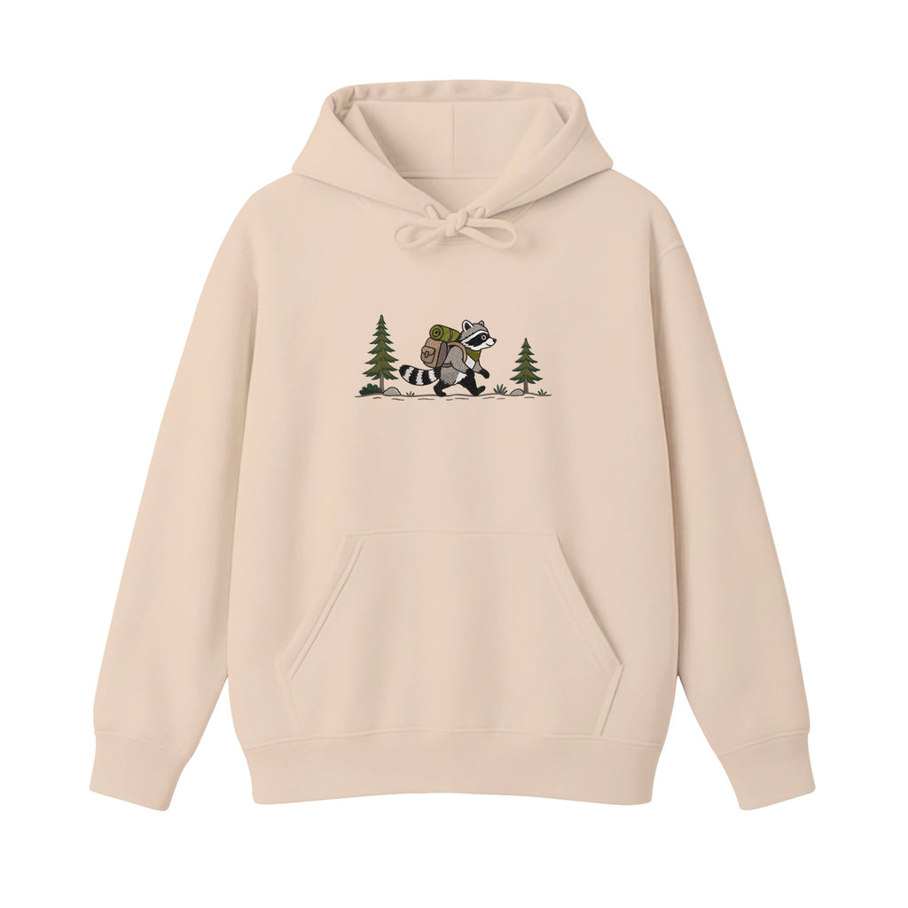 Custom Name Hiking Raccoon Backpack Forest Adventure embroidered hoodie in Beige — back view