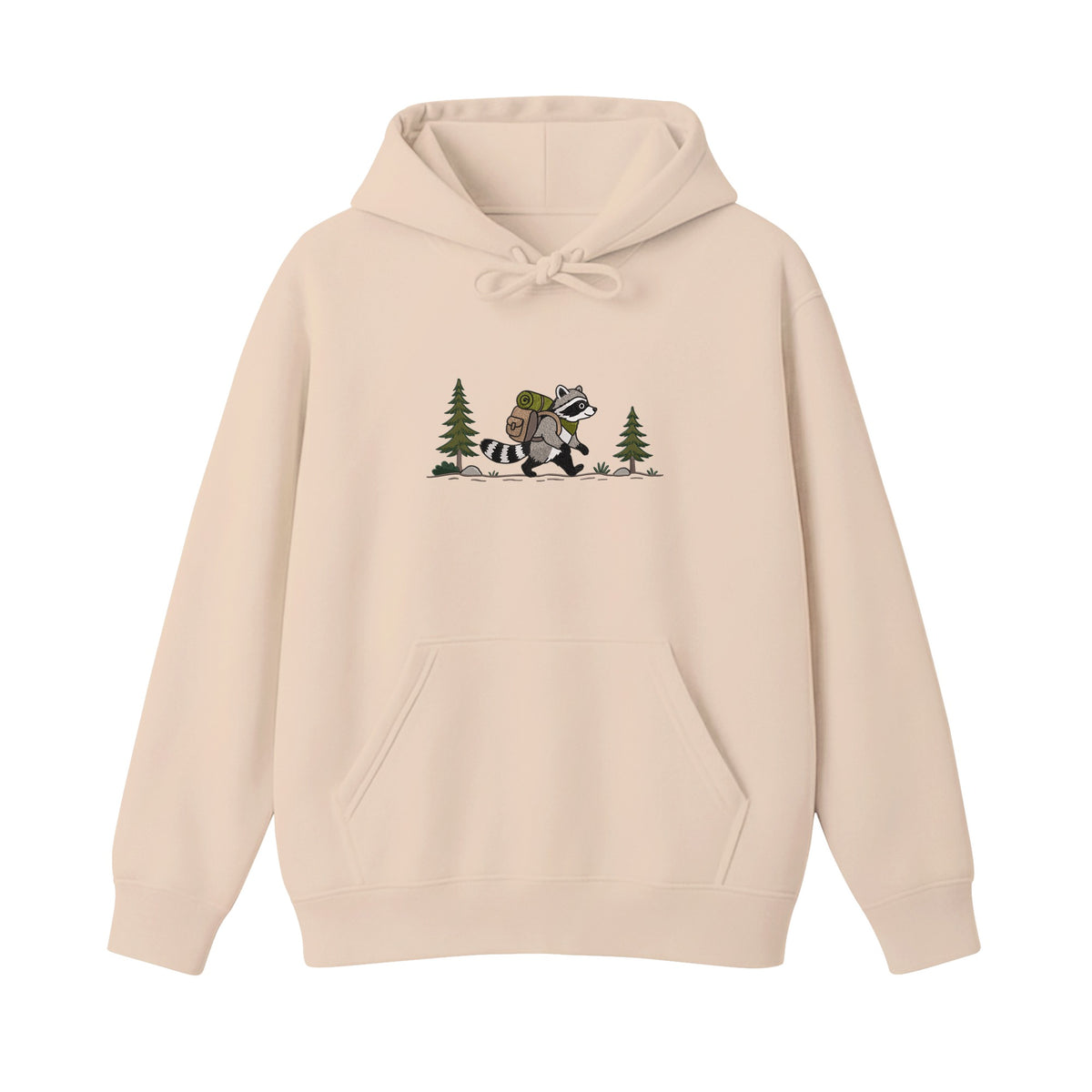 Custom Name Hiking Raccoon Backpack Forest Adventure embroidered hoodie in Beige — back view