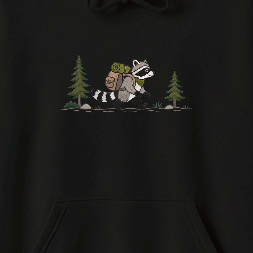 Custom Name Hiking Raccoon Backpack Forest Adventure embroidered hoodie — back view