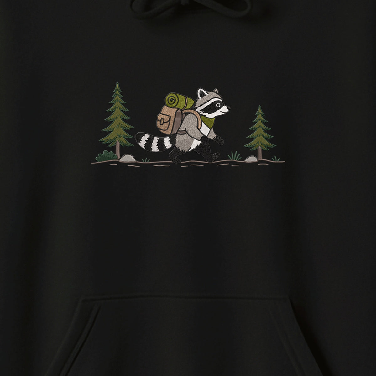 Custom Name Hiking Raccoon Backpack Forest Adventure embroidered hoodie — back view
