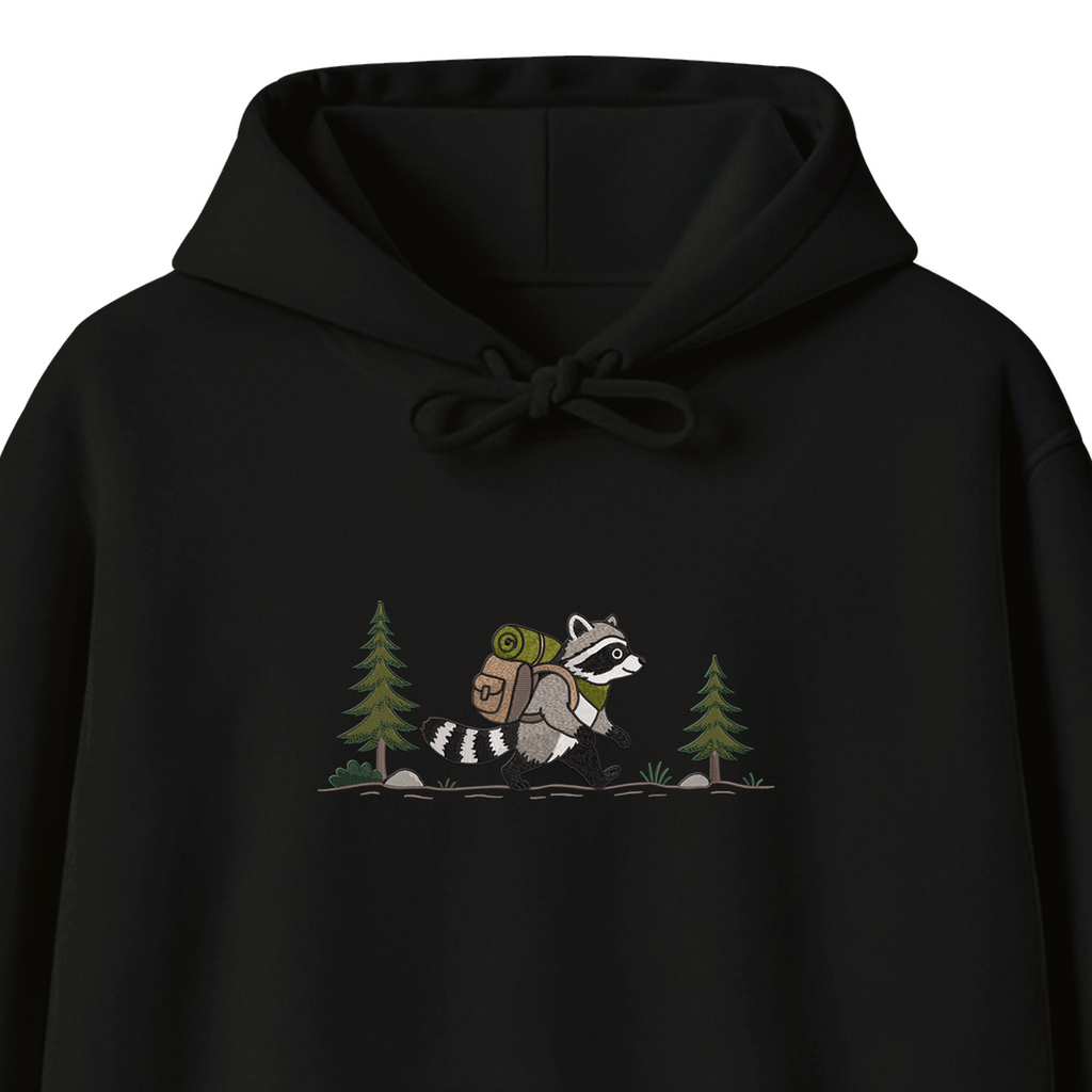 Custom Name Hiking Raccoon Backpack Forest Adventure embroidered hoodie — back view