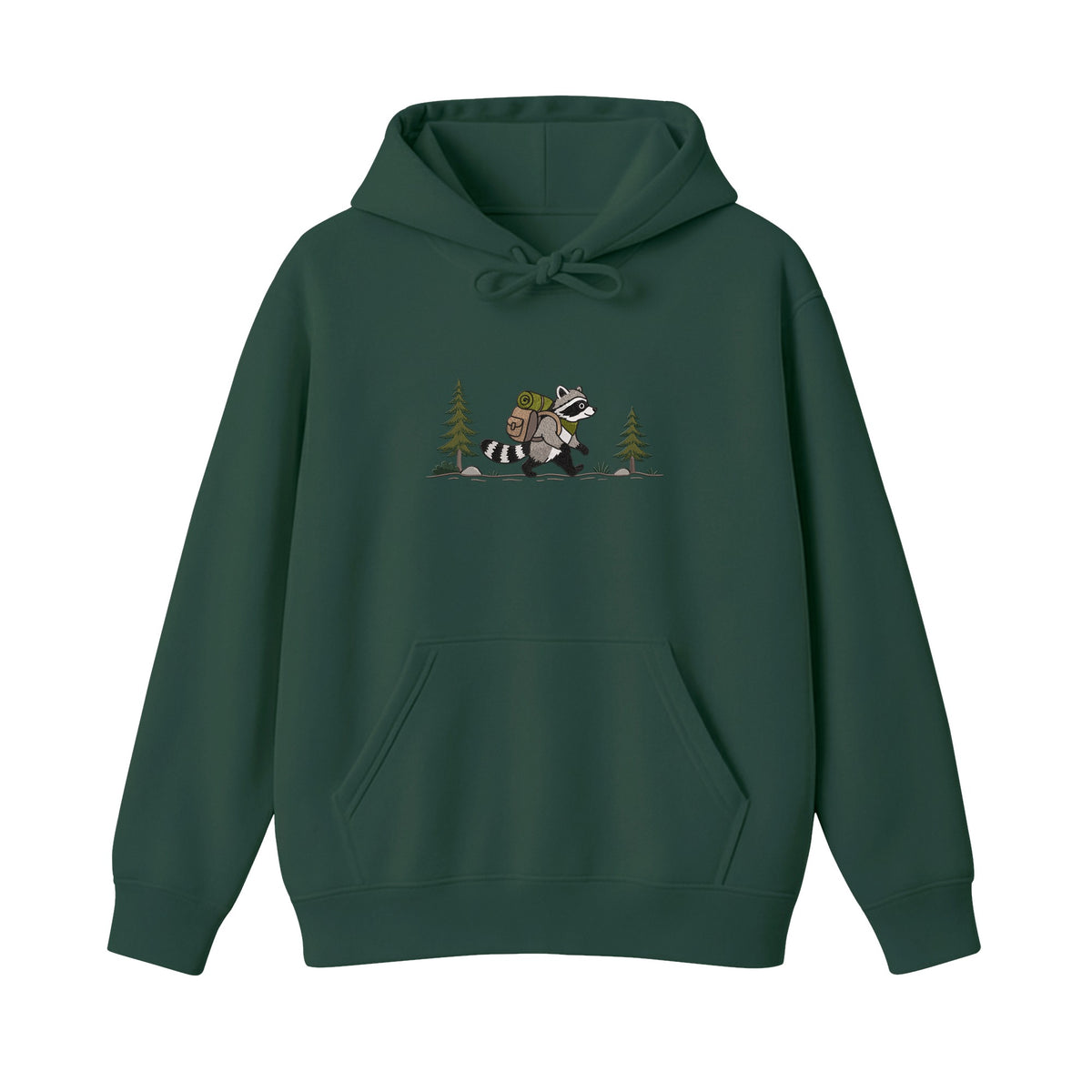 Custom Name Hiking Raccoon Backpack Forest Adventure embroidered hoodie in Forest Green — back view