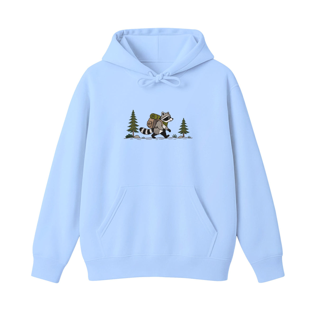 Custom Name Hiking Raccoon Backpack Forest Adventure embroidered hoodie in Light Blue — back view