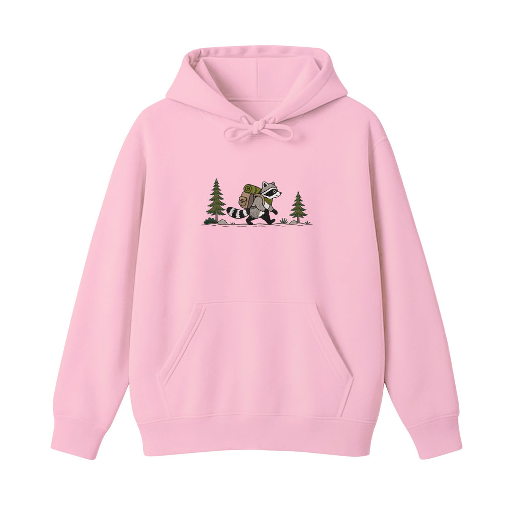Custom Name Hiking Raccoon Backpack Forest Adventure embroidered hoodie in Light Pink — back view