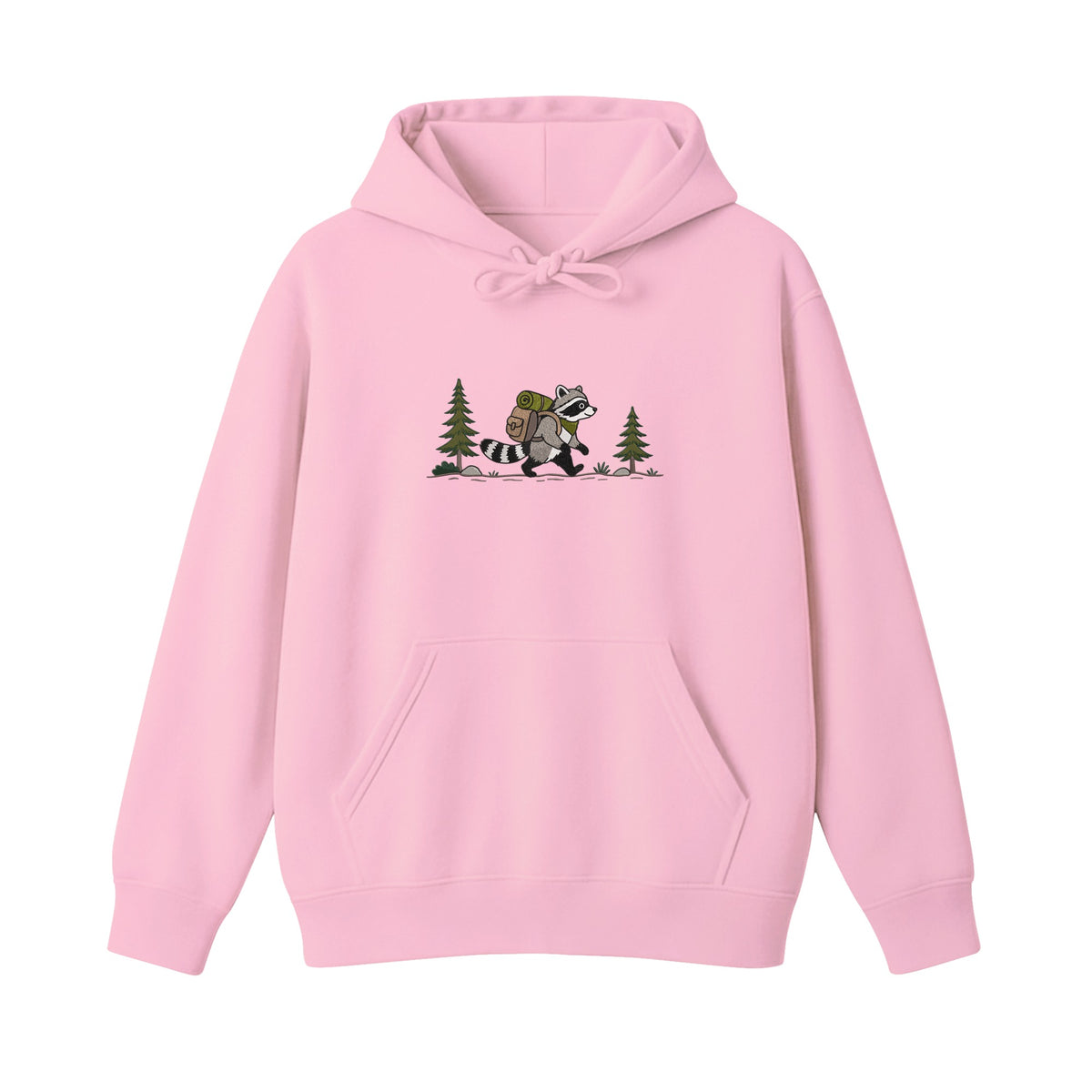 Custom Name Hiking Raccoon Backpack Forest Adventure embroidered hoodie in Light Pink — back view
