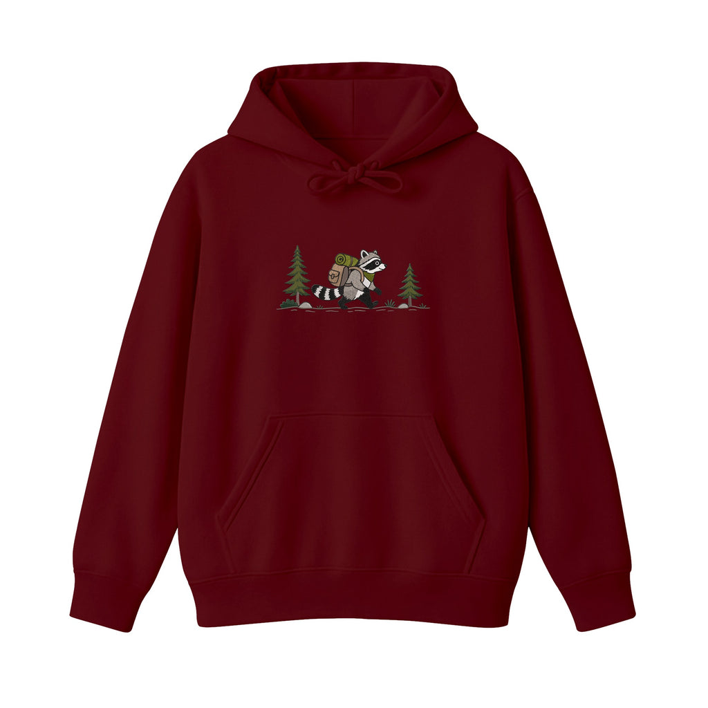 Custom Name Hiking Raccoon Backpack Forest Adventure embroidered hoodie in Marron — back view