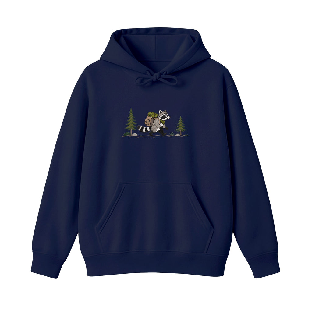 Custom Name Hiking Raccoon Backpack Forest Adventure embroidered hoodie in Navy — back view