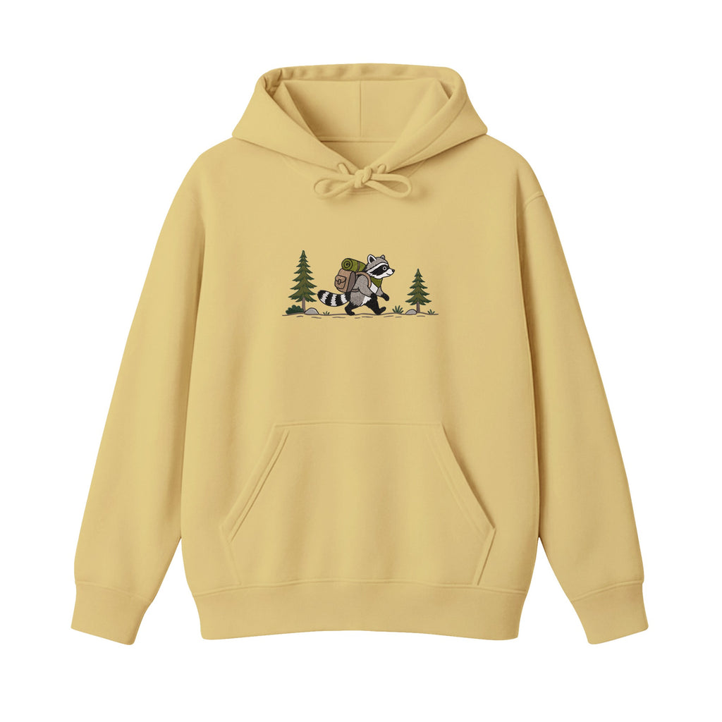 Custom Name Hiking Raccoon Backpack Forest Adventure embroidered hoodie in Sand — back view