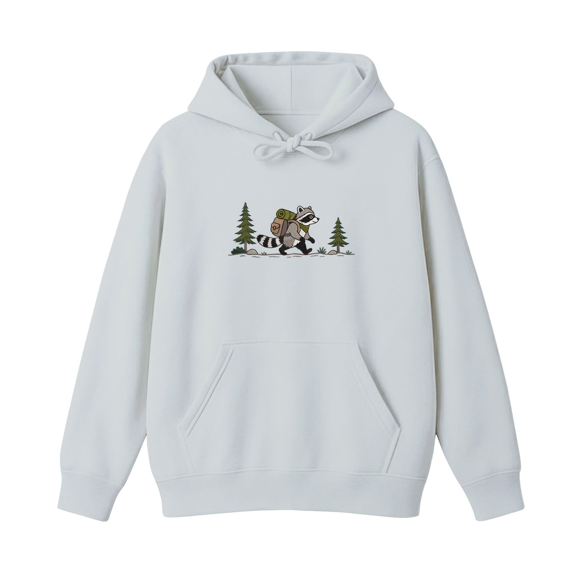 Custom Name Hiking Raccoon Backpack Forest Adventure embroidered hoodie in Sports Grey — back view