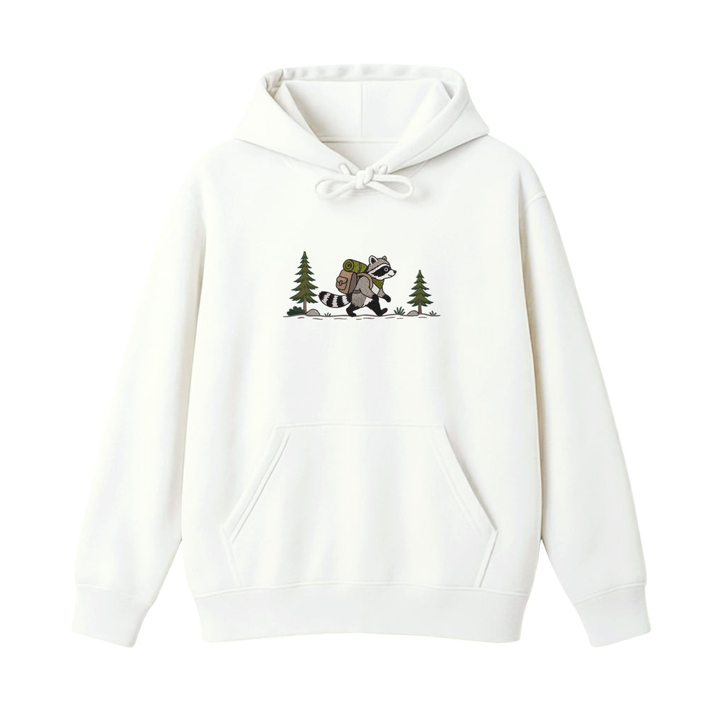 Custom Name Hiking Raccoon Backpack Forest Adventure embroidered hoodie in White — back view