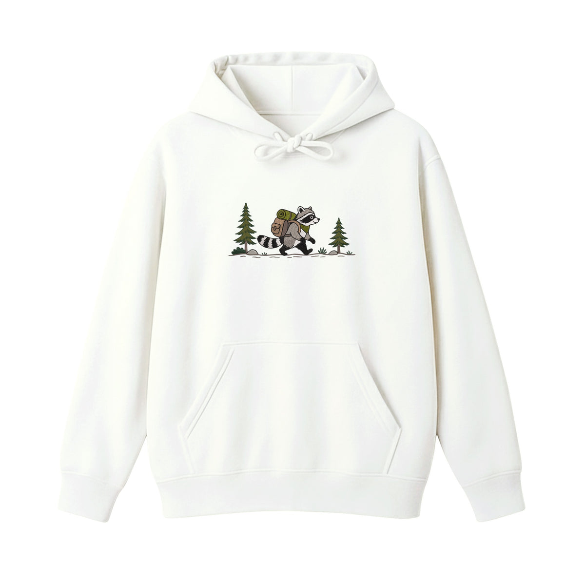 Custom Name Hiking Raccoon Backpack Forest Adventure embroidered hoodie in White — back view