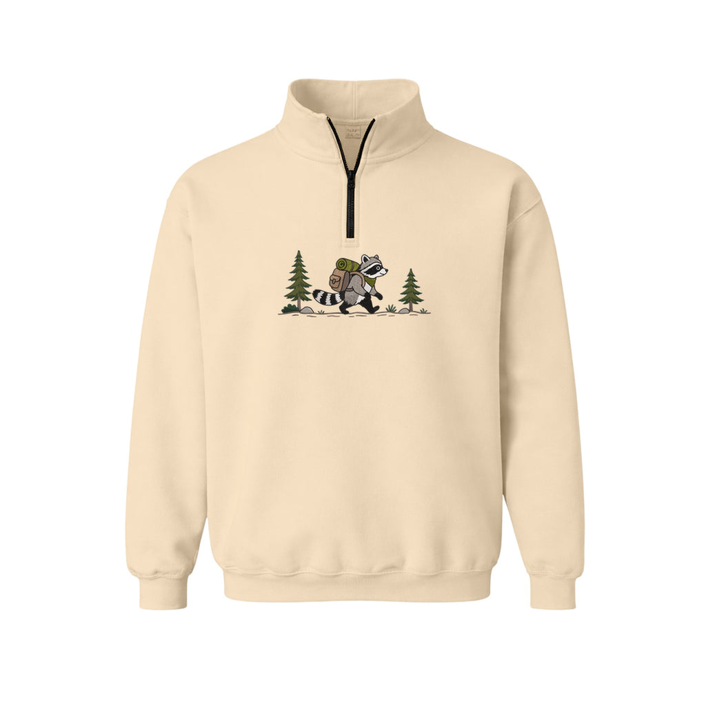 Custom Name Hiking Raccoon Backpack Forest Adventure embroidered quarter-zip in Beige — back view