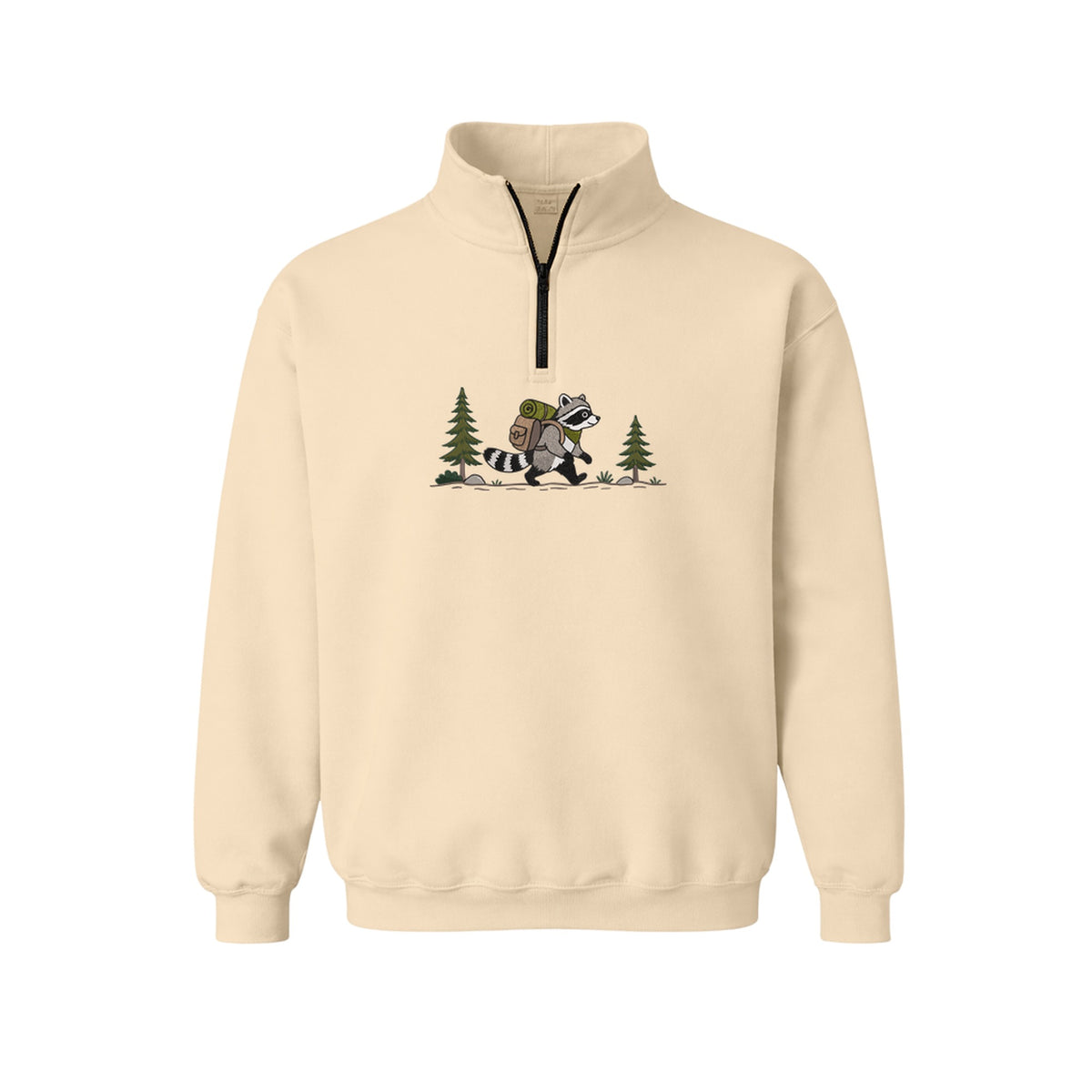 Custom Name Hiking Raccoon Backpack Forest Adventure embroidered quarter-zip in Beige — back view