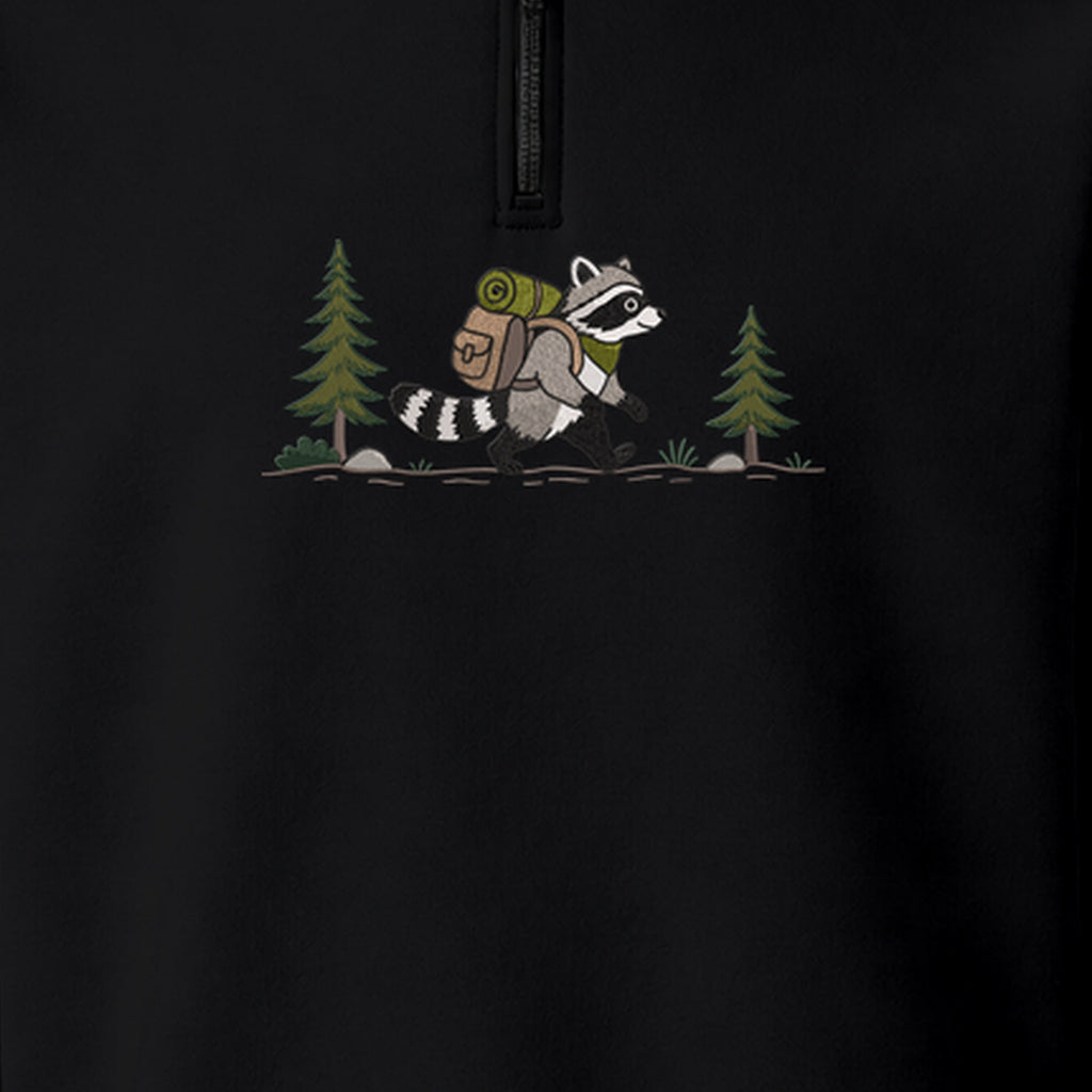 Custom Name Hiking Raccoon Backpack Forest Adventure embroidered quarter-zip — back view