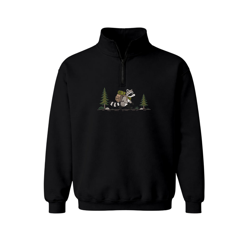 Custom Name Hiking Raccoon Backpack Forest Adventure embroidered quarter-zip in Black — back view