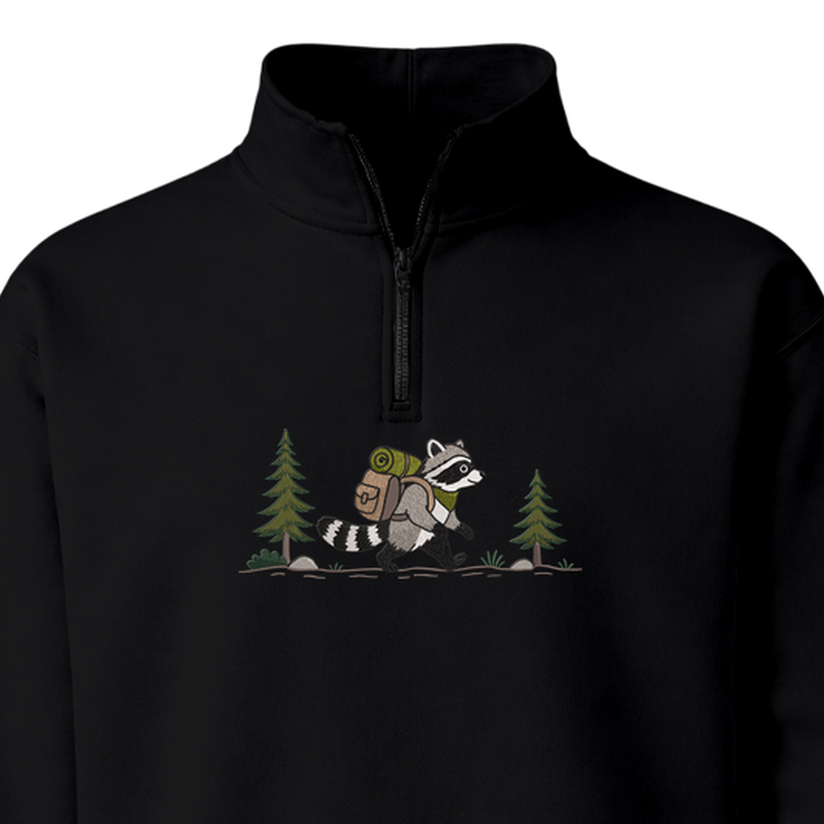 Custom Name Hiking Raccoon Backpack Forest Adventure embroidered quarter-zip — back view