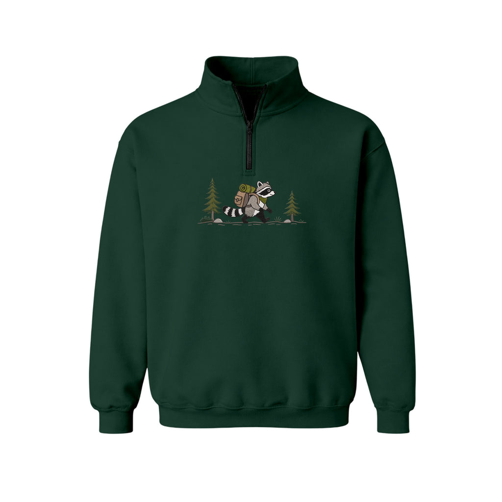 Custom Name Hiking Raccoon Backpack Forest Adventure embroidered quarter-zip in Forest Green — back view