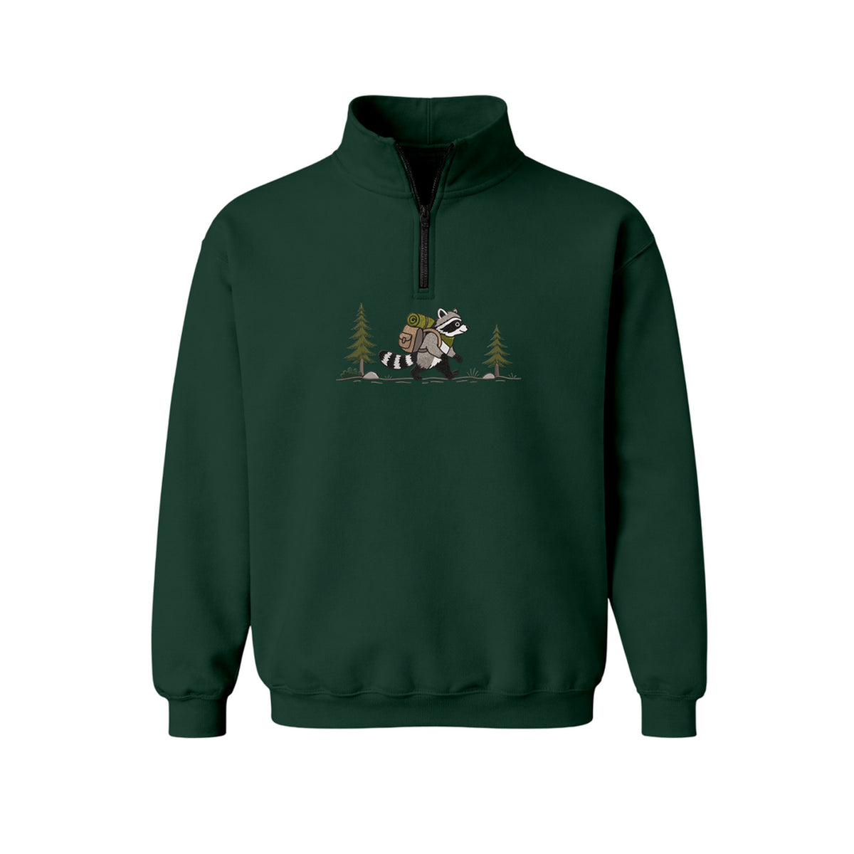 Custom Name Hiking Raccoon Backpack Forest Adventure embroidered quarter-zip in Forest Green — back view