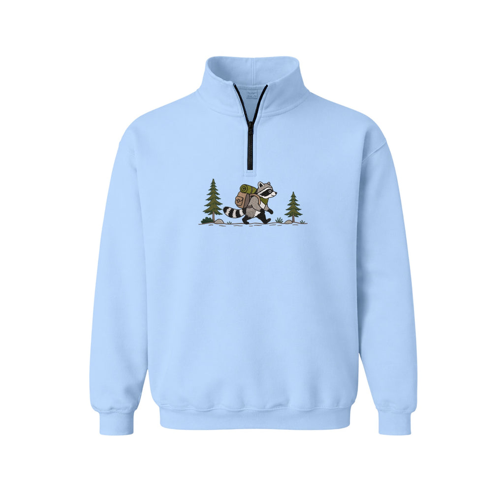 Custom Name Hiking Raccoon Backpack Forest Adventure embroidered quarter-zip in Light Blue — back view