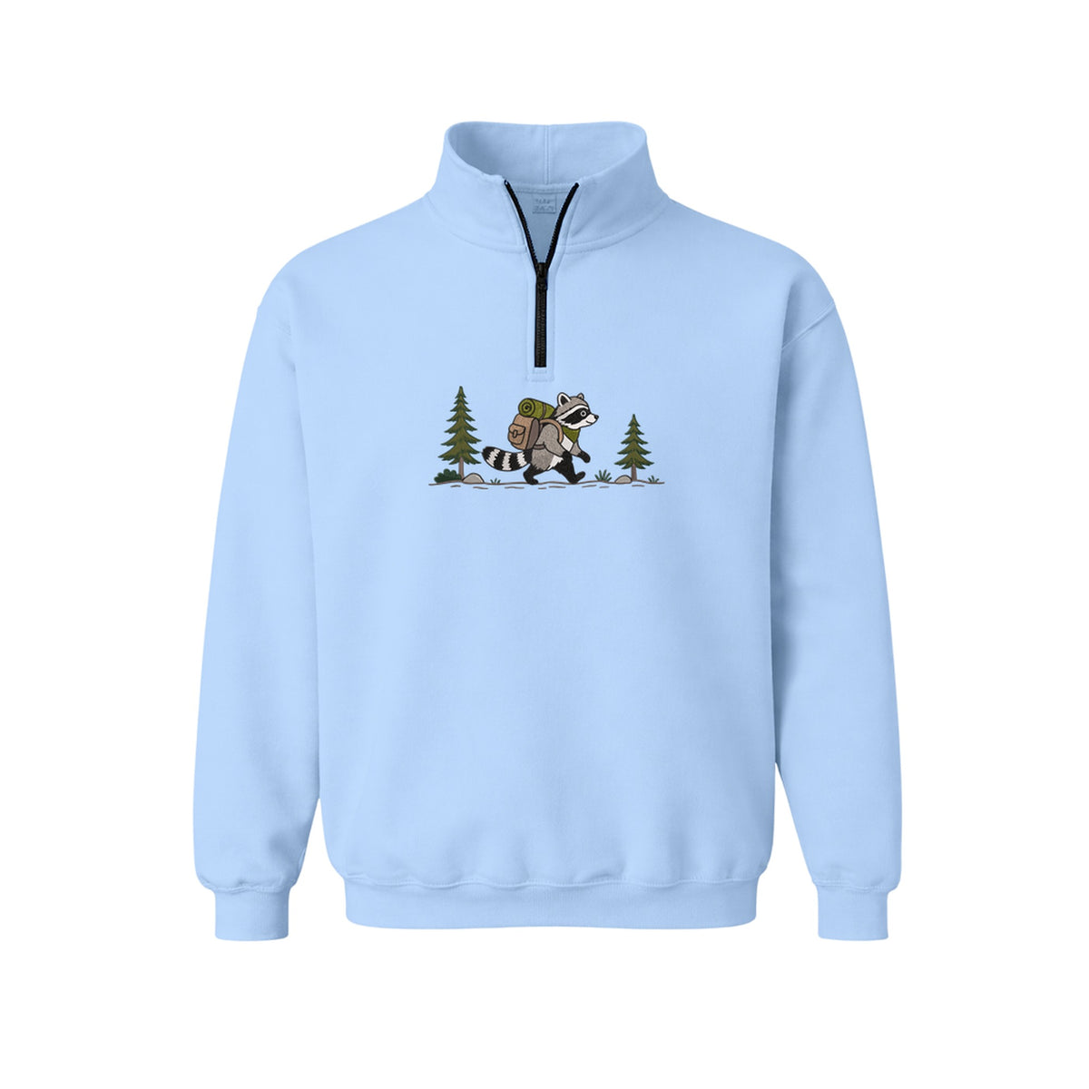Custom Name Hiking Raccoon Backpack Forest Adventure embroidered quarter-zip in Light Blue — back view