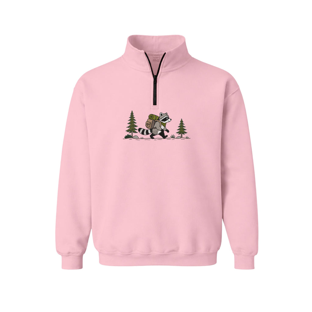 Custom Name Hiking Raccoon Backpack Forest Adventure embroidered quarter-zip in Light Pink — back view