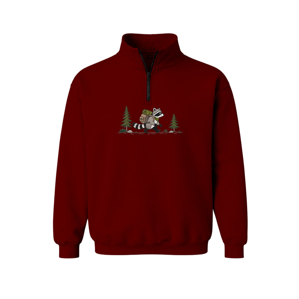 Custom Name Hiking Raccoon Backpack Forest Adventure embroidered quarter-zip in Marron — back view
