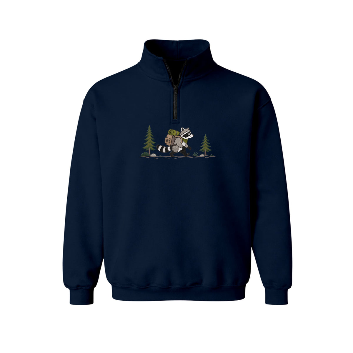 Custom Name Hiking Raccoon Backpack Forest Adventure embroidered quarter-zip in Navy — back view