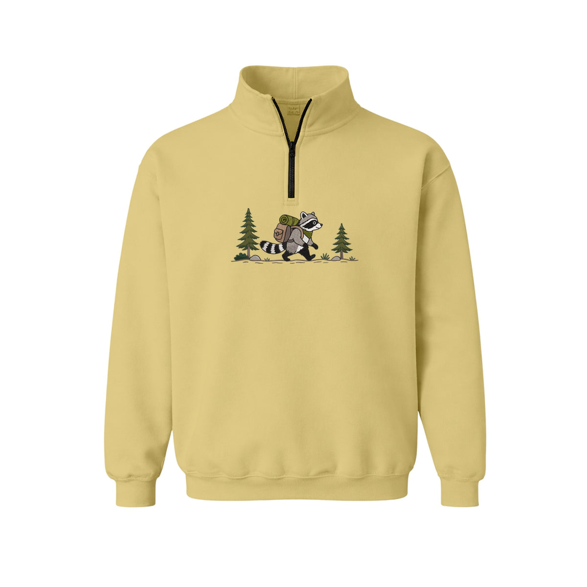 Custom Name Hiking Raccoon Backpack Forest Adventure embroidered quarter-zip in Sand — back view