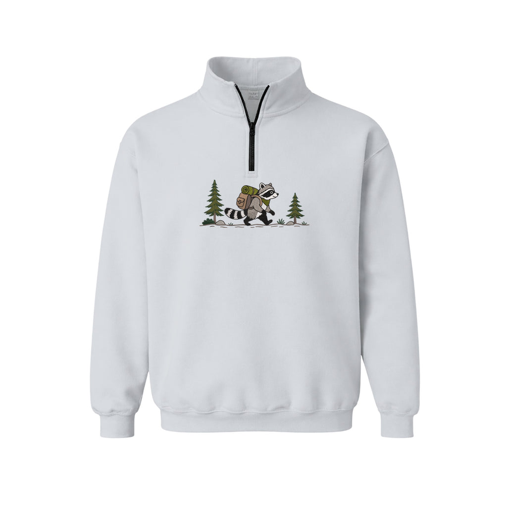 Custom Name Hiking Raccoon Backpack Forest Adventure embroidered quarter-zip in Sports Grey — back view