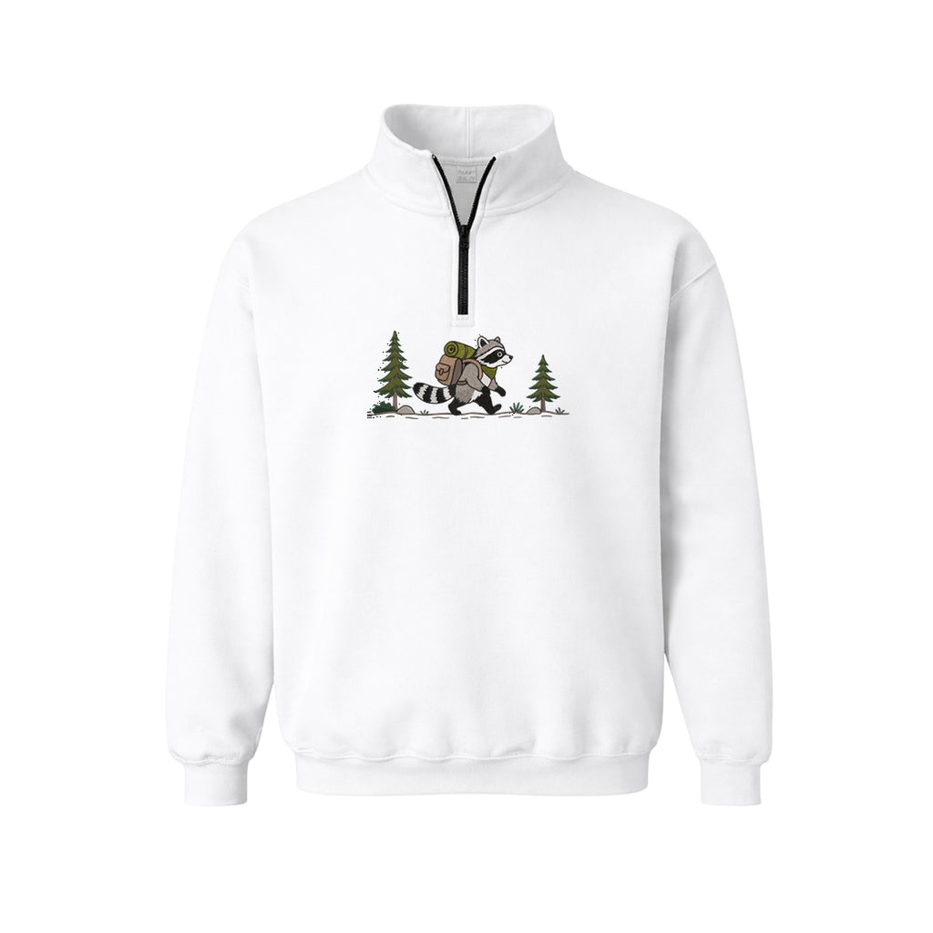 Custom Name Hiking Raccoon Backpack Forest Adventure embroidered quarter-zip in White — back view