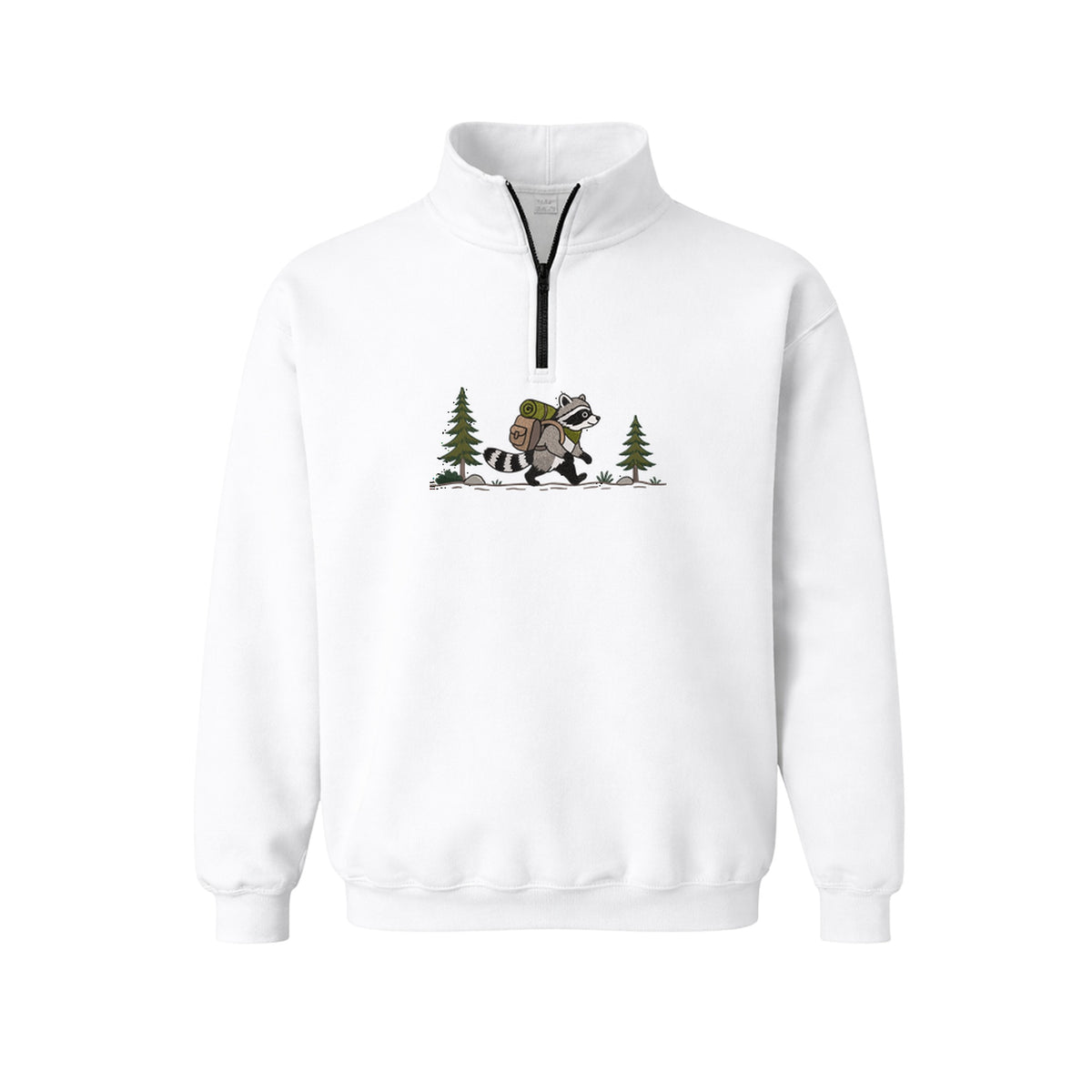 Custom Name Hiking Raccoon Backpack Forest Adventure embroidered quarter-zip in White — back view