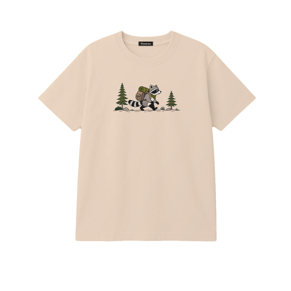 Custom Name Hiking Raccoon Backpack Forest Adventure embroidered t-shirt in Beige — back view