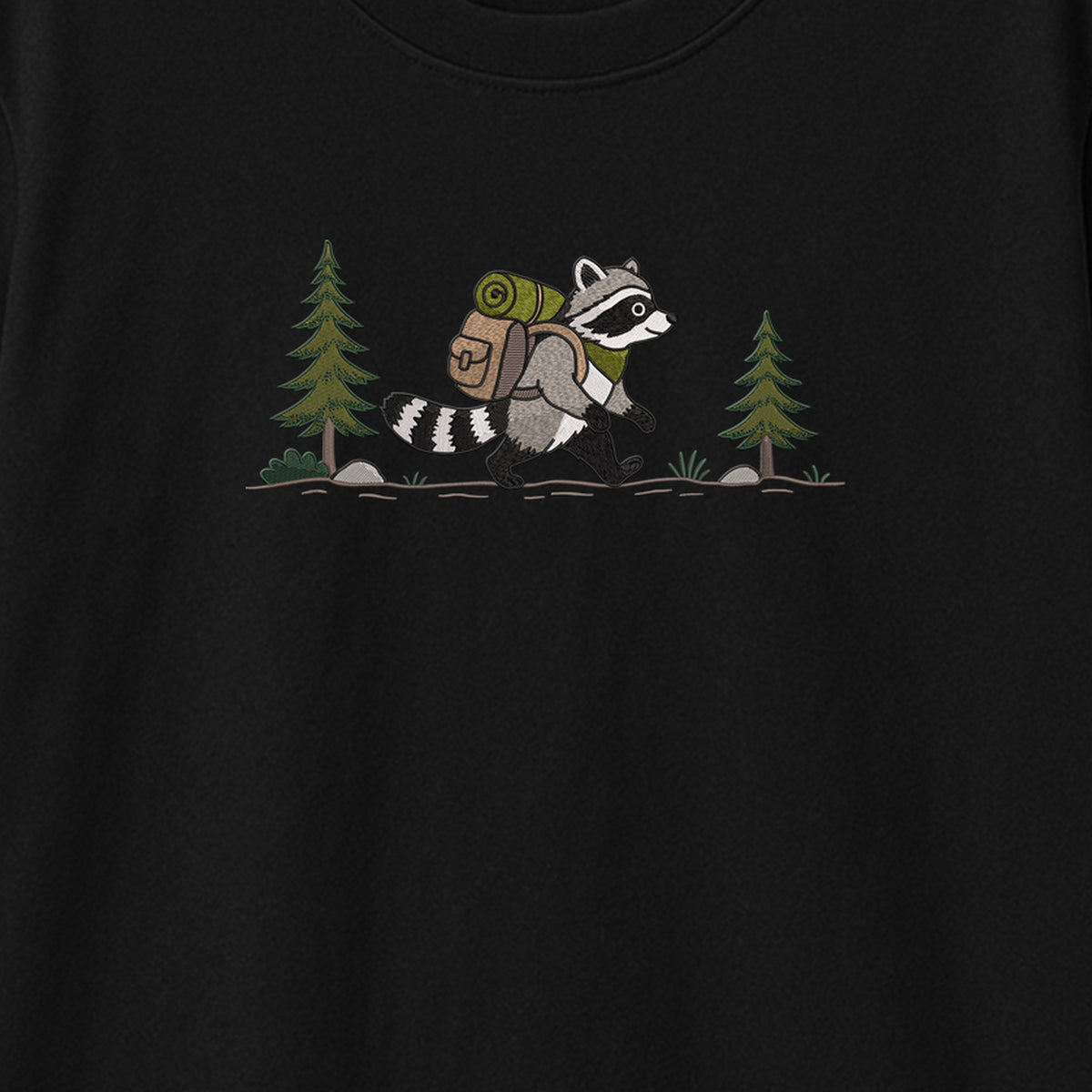 Custom Name Hiking Raccoon Backpack Forest Adventure embroidered t-shirt — back view