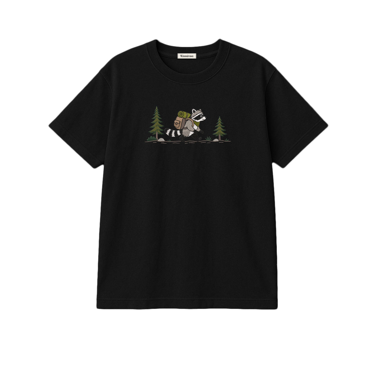 Custom Name Hiking Raccoon Backpack Forest Adventure embroidered t-shirt in Black — back view