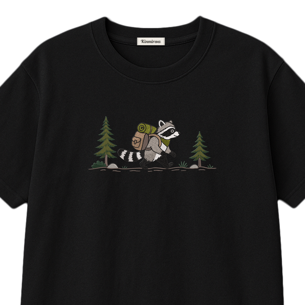 Custom Name Hiking Raccoon Backpack Forest Adventure embroidered t-shirt — back view
