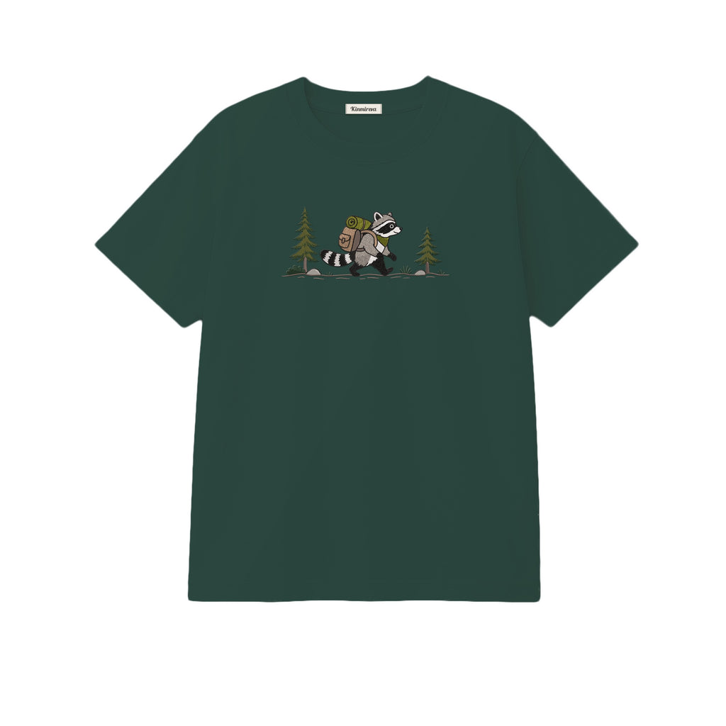 Custom Name Hiking Raccoon Backpack Forest Adventure embroidered t-shirt in Forest Green — back view