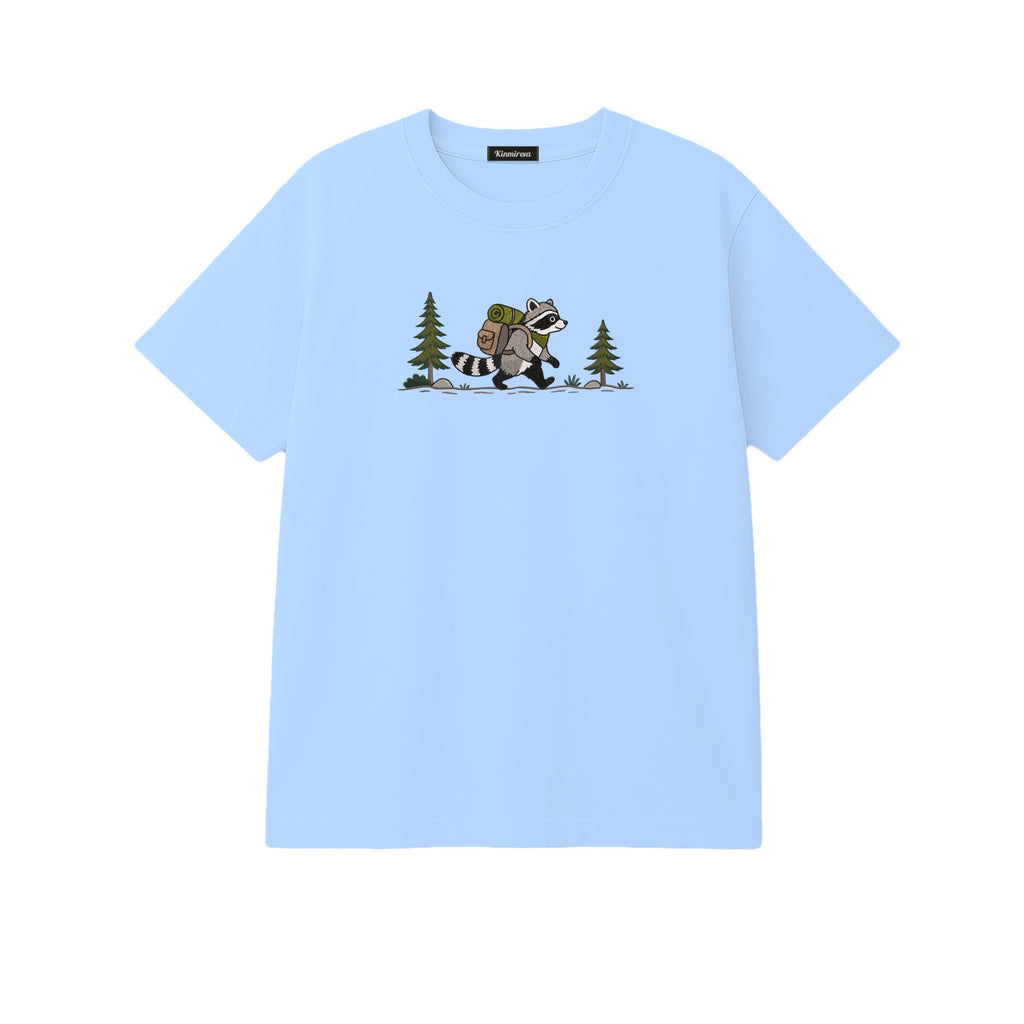 Custom Name Hiking Raccoon Backpack Forest Adventure embroidered t-shirt in Light Blue — back view