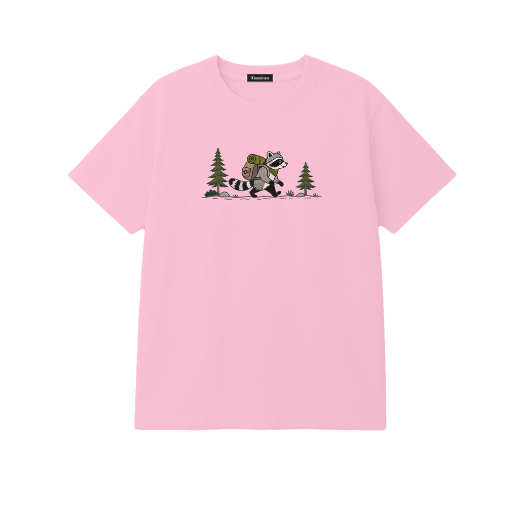 Custom Name Hiking Raccoon Backpack Forest Adventure embroidered t-shirt in Light Pink — back view