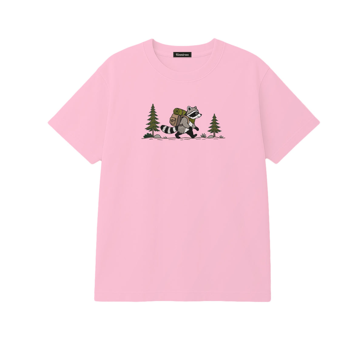 Custom Name Hiking Raccoon Backpack Forest Adventure embroidered t-shirt in Light Pink — back view