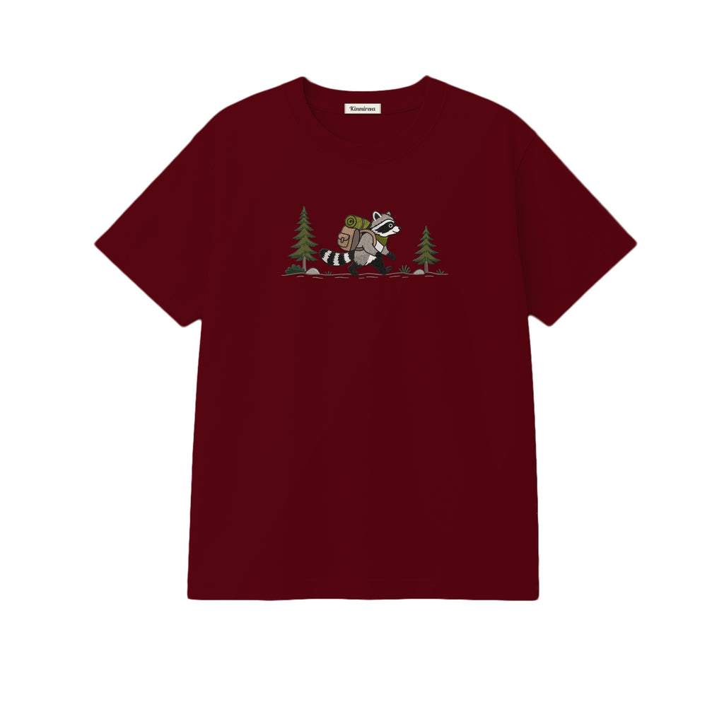 Custom Name Hiking Raccoon Backpack Forest Adventure embroidered t-shirt in Marron — back view