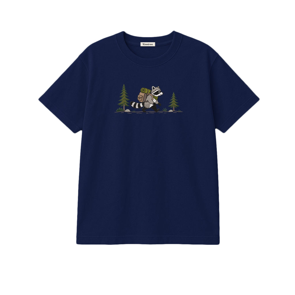 Custom Name Hiking Raccoon Backpack Forest Adventure embroidered t-shirt in Navy — back view