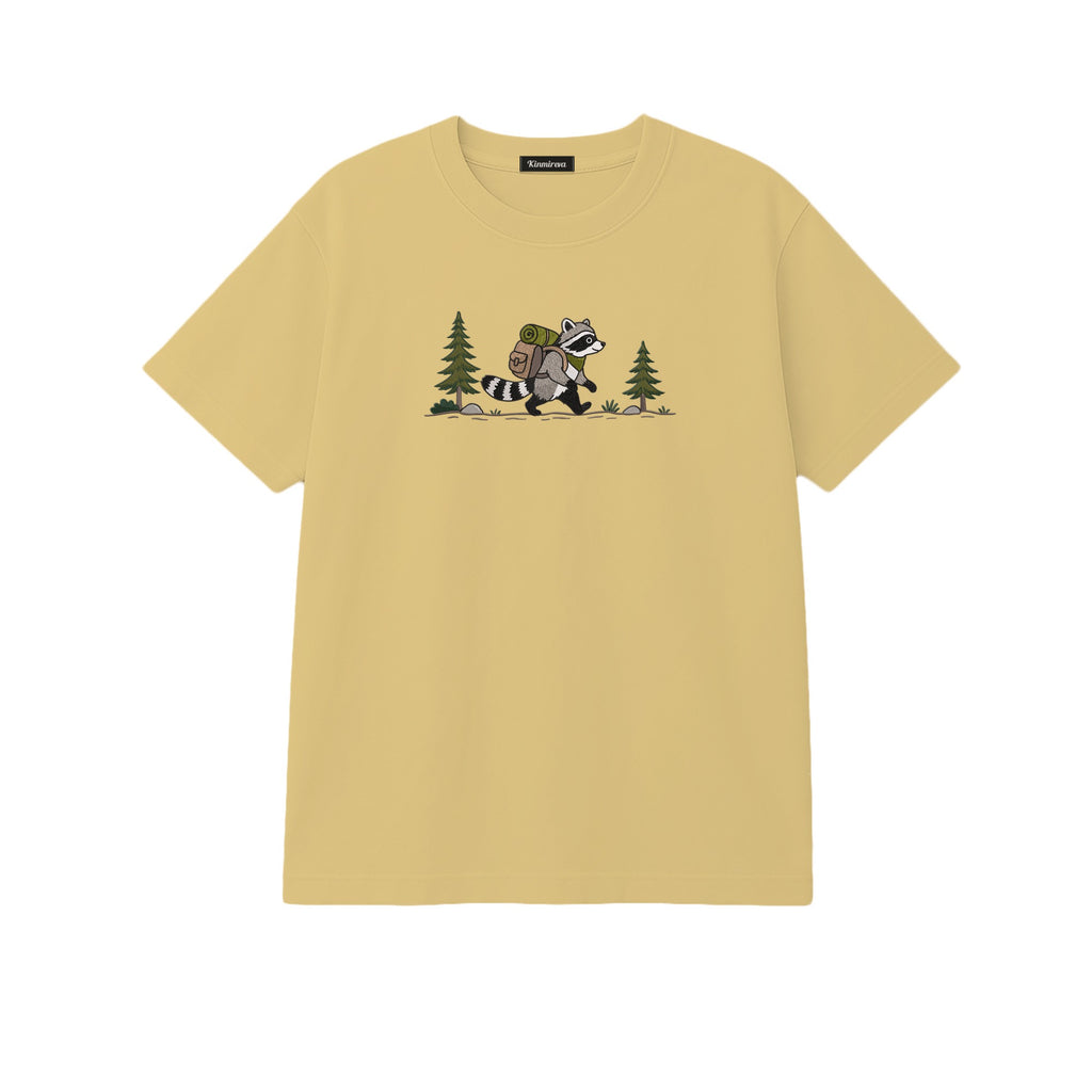 Custom Name Hiking Raccoon Backpack Forest Adventure embroidered t-shirt in Sand — back view