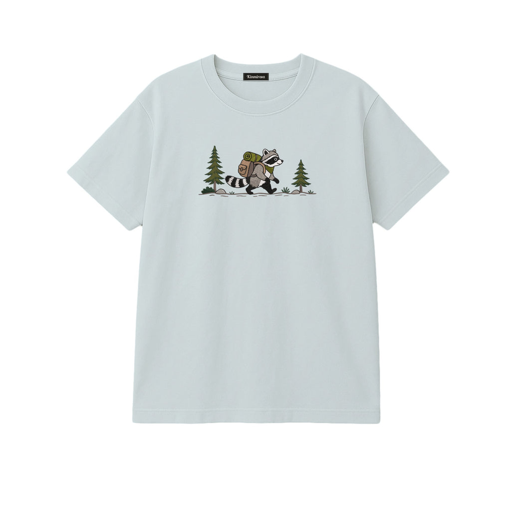 Custom Name Hiking Raccoon Backpack Forest Adventure embroidered t-shirt in Sports Grey — back view