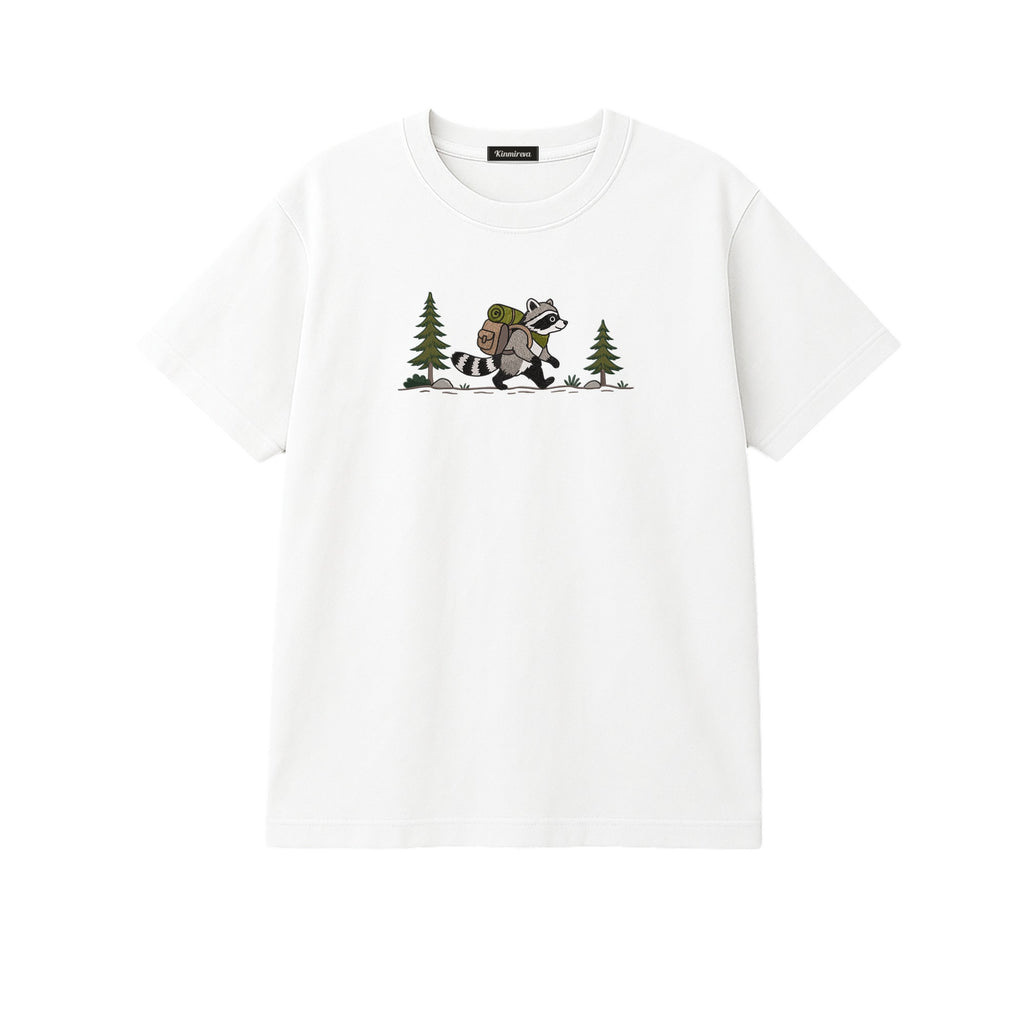 Custom Name Hiking Raccoon Backpack Forest Adventure embroidered t-shirt in White — back view