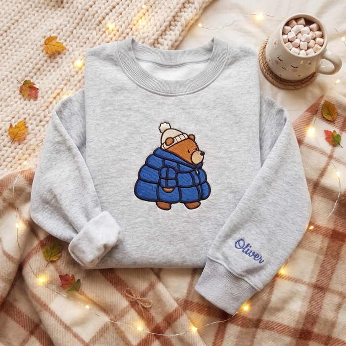 Personalized Cozy Bear Puffer Jacket Winter Beanie Embroidered Sweatshirt