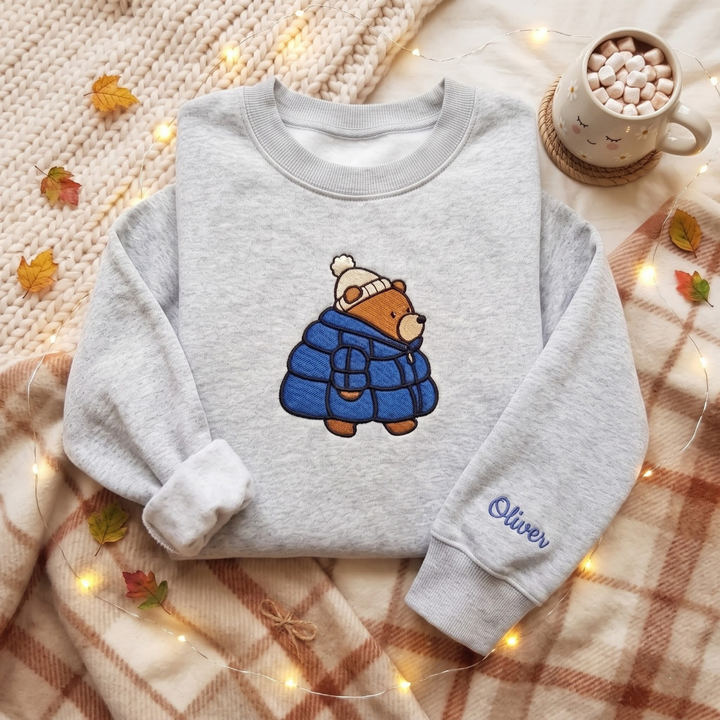 Personalized Cozy Bear Puffer Jacket Winter Beanie embroidered sweatshirt — front view