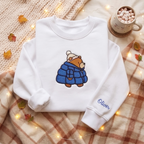 Personalized Cozy Bear Puffer Jacket Winter Beanie embroidered sweatshirt — front view